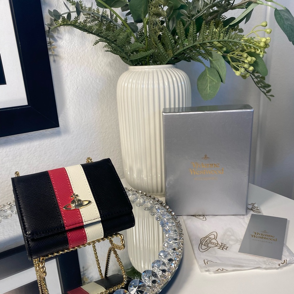 Vivienne Westwood Black Red White Trifold Wallet with Gold Orb Logo